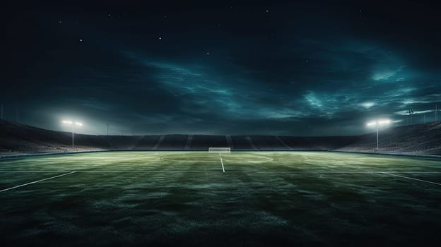 Illuminated stadium with green grass in the evening before the sport game championship. Generated AI