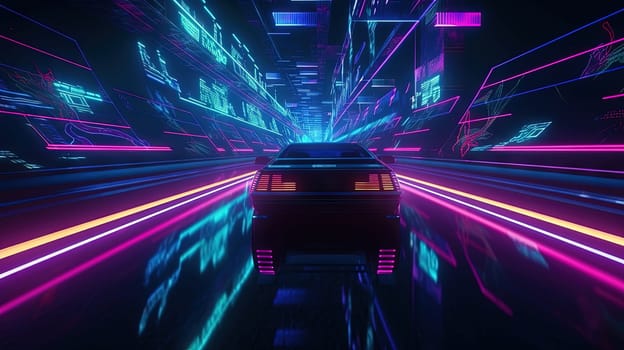 Car ride on the neon road in 80s retro synthwave style. Generated AI