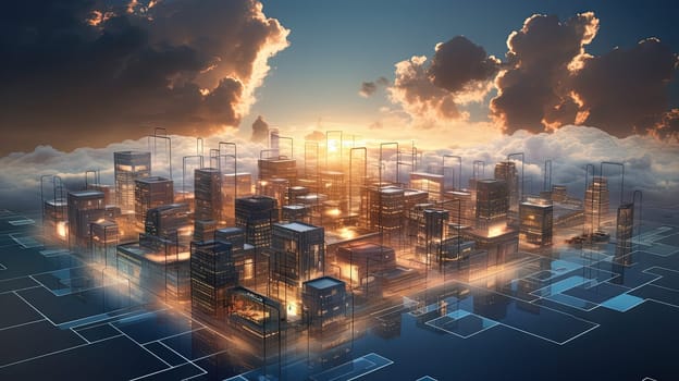 Concept of a digital city with cloud connections. Futuristic network in the clouds. Generated AI