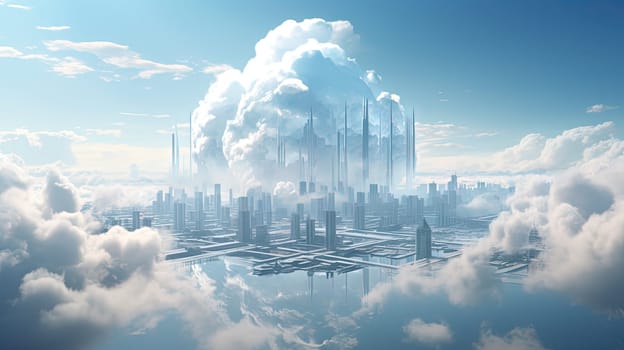 Concept of a digital city with cloud connections. Futuristic network in the clouds. Generated AI