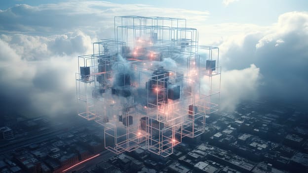 Concept of a digital city with cloud connections. Futuristic network in the clouds. Generated AI