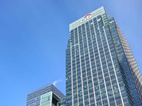 London, United Kingdom - February 03, 2019: Sun shines on Citi EMEA headquarters at Canary Wharf. Citibank (Citigroup Inc.) is American investment bank founded 1988.