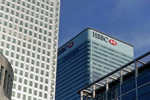 London, United Kingdom - February 03, 2019: World Headquarters of HSBC Holdings plc at 8 Canada Square, Canary Wharf. It's 7th largest bank worldwide and was established in 1865