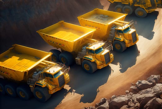 Dump truck for heavy industry mining. Ore or coal mining site with huge yellow vehicles. Industrial transport. Generated AI
