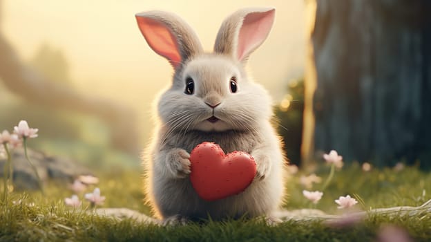 Cute fluffy rabbit hugging red heart. Valentine's Day greetings from romantic bunny holding heart. Generative AI