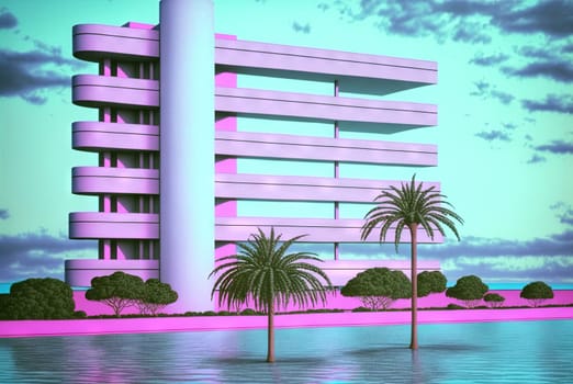 Vaporwave landscape with abstract building with pillars. 80s styled pink and blue minimalistic architectural scene. Generated AI