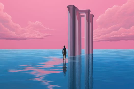 Surreal vaporwave landscape with abstract architecture elements on the water. Dreamy landscape. Generated AI