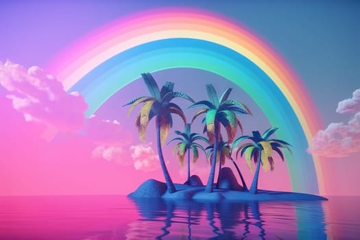 Palm trees and rainbow 80s landscape in vaporwave style. Retrowave vacation background with tropical sunset and palms. Generated AI