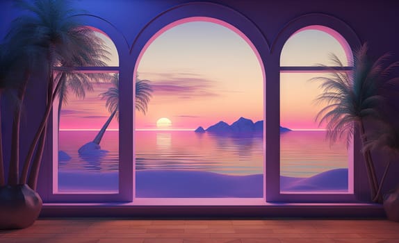 Open window with tropical landscape and ocean in vaporwave style. Purple sundown in 90s style room, vacation calmness frame. Generated AI