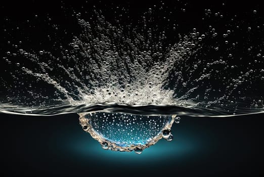 Water splash with beautiful drops flying away. Liquid motion background. Generated AI