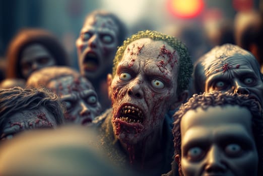 Zombies with scary faces in the crowd during the zombie apocalypse. Horror theme for Halloween or game party ad. Generated AI