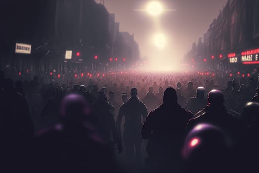 Zombies with scary faces in the crowd during the zombie apocalypse. Horror theme for Halloween or game party ad. Generated AI