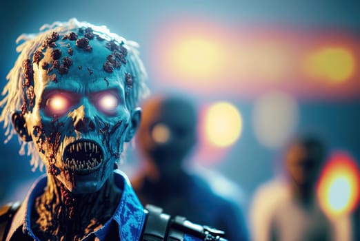 Techno zombie woth neon lights and shiny eyes. Cyberpunk horror party concept. Generated AI