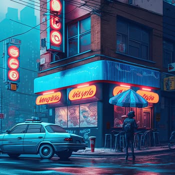 Cyberpunk styled cafe on the street corner with neon lights. Futuristic fast food restaurant with fake neon signs. Generative AI