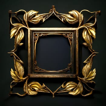 Golden ornamental frame on black bakcground. Retro golden frame with vintage ornament. Generative AI