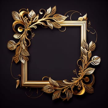 Golden ornamental frame on black bakcground. Retro golden frame with vintage ornament. Generative AI