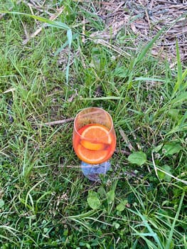 Glass of aperol with orange in the grass. High quality photo