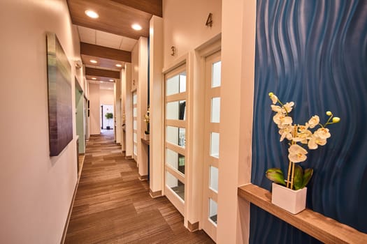 Modern and inviting office corridor interior in a commercial building in Fort Wayne, Indiana, featuring warm lighting, sophisticated abstract art, and a vibrant orchid