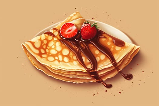 Delicious crepe with melted chocolate and fresh strawberries on top.