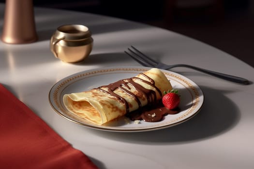 Delicious crepe with chocolate sauce and a strawberry on a plate.