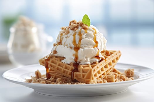 Vanilla ice cream on waffles drizzled with caramel sauce and nuts.