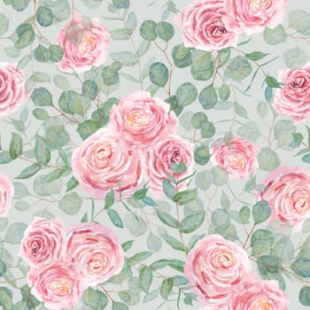 Eucalyptus and pink roses branch watercolor hand drawn floral seamless pattern. Botanical painting of greenery leaves, pink flowers. Element of wedding invitation, prints, greeting, textile, packing