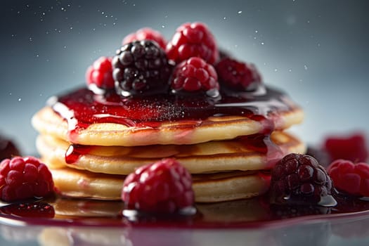 Stack of pancakes with berries and syrup