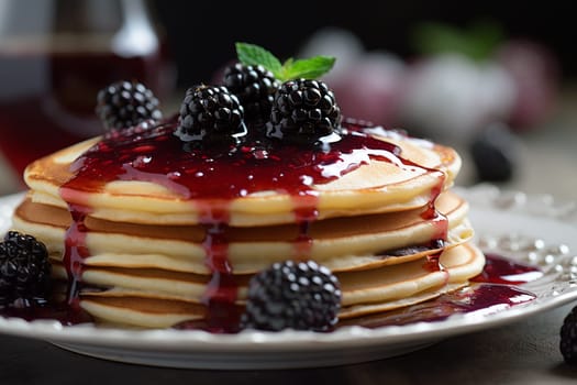 Stack of pancakes topped with blackberry syrup and fresh blackberries.