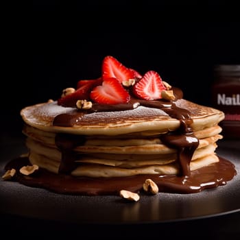 Stack of pancakes with strawberries, hazelnuts, and chocolate sauce on a dark background