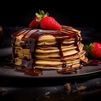 Stack of pancakes drizzled with chocolate syrup and garnished with strawberries.