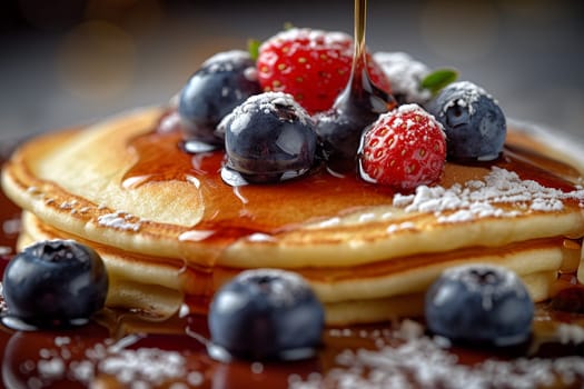 Stack of pancakes topped with berries and syrup.