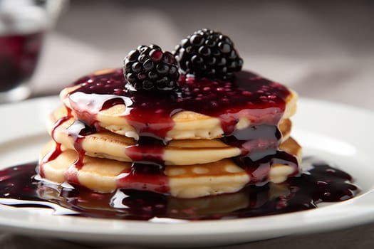 Stack of pancakes topped with blackberry maple syrup and fresh blackberries.