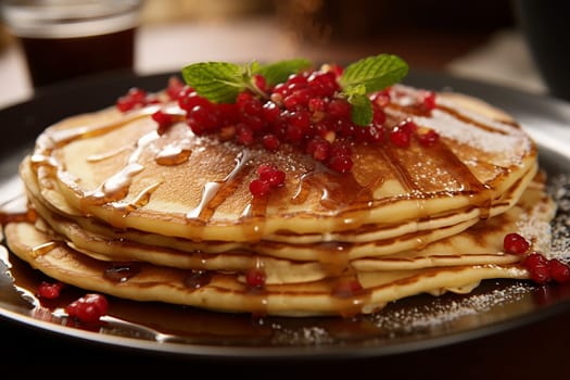 Stack of pancakes topped with berry maple syrup and fresh blackberries.