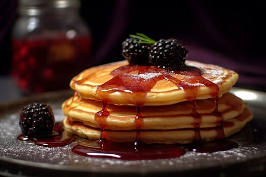 Stack of pancakes with berries and maple syrup.