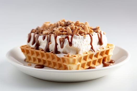 Vanilla ice cream on waffles drizzled with caramel sauce and nuts.