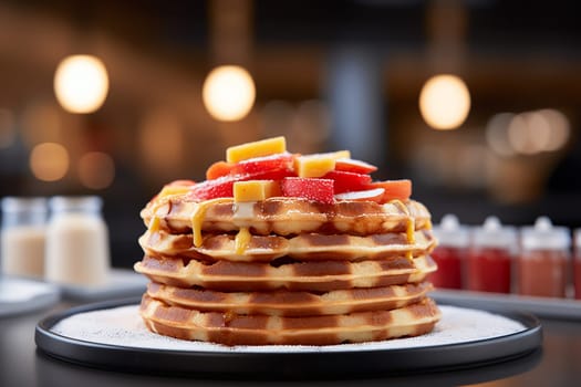 Stack of pancakes drizzled with chocolate syrup and strawberries topping