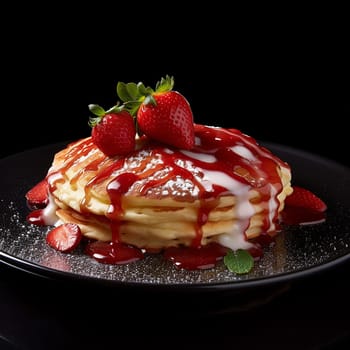 Stack of pancakes drizzled with chocolate syrup and strawberries topping