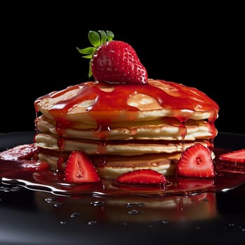 Stack of pancakes drizzled with chocolate syrup and strawberries topping