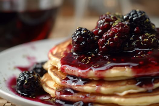 Stack of pancakes topped with blackberry maple syrup and fresh blackberries.