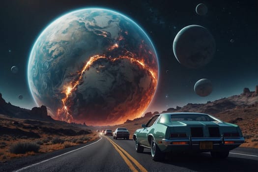 A car is seen driving down a road alongside a planet, showcasing the contrast between Earthly and extraterrestrial landscapes.