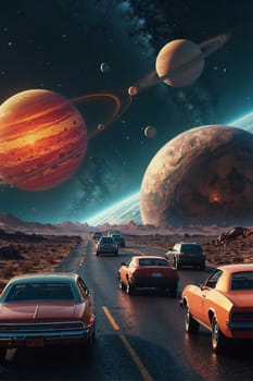 A group of cars can be seen driving down a road while planets hover in the background.