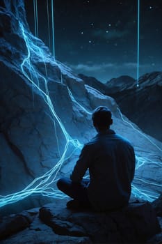 A man sits atop a rock, gazing up at a sky filled with countless stars.