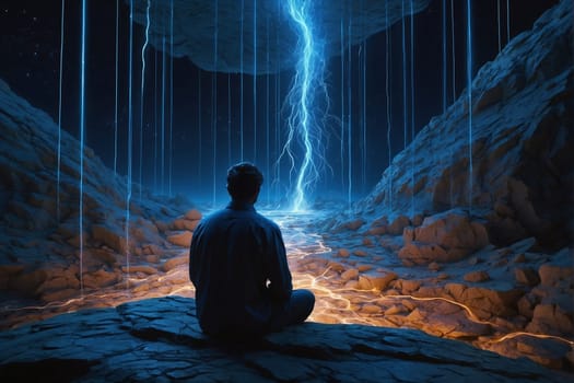 A man sits on a rock and gazes at lightning striking in the distance, captivated by the dramatic display.