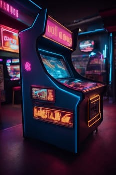 A photo capturing a video game machine illuminated in a dark room, showcasing the gaming setup.
