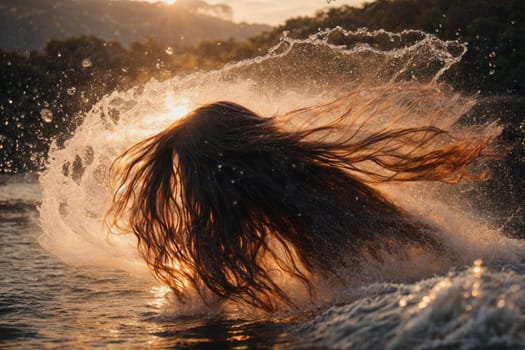 A woman is seen submerged in water with her hair floating in the air.