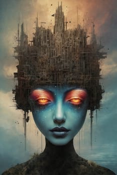 A womans face emerges against the backdrop of a futuristic city, showcasing the juxtaposition between humanity and advanced urban development.