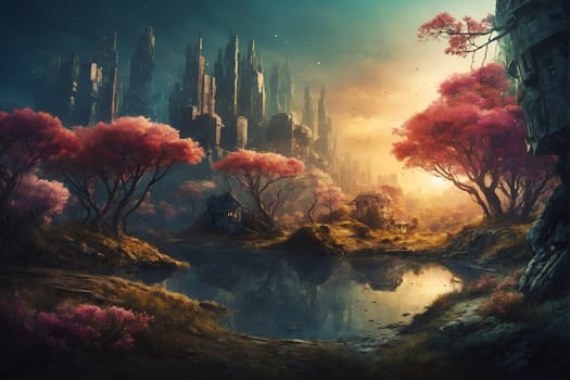 A painting featuring a fantastical landscape showcasing an assortment of trees beside a serene body of water.