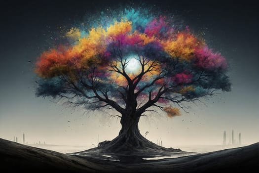 A photo of a vibrant tree with colorful foliage standing against the backdrop of a full moon.