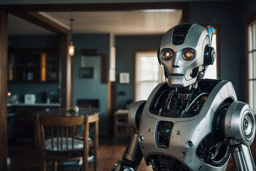 A robot stands in a modern kitchen, positioned alongside a table.
