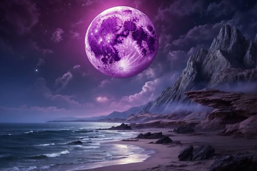 A stunning photo capturing a purple moon shining over the ocean with a majestic mountain in the background.